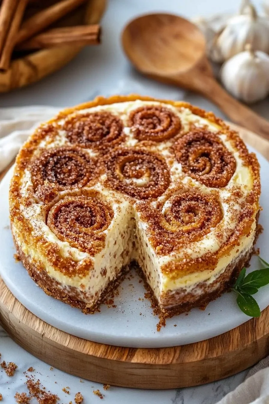 Decadent cinnamon roll cheesecake topped with creamy frosting and cinnamon swirl