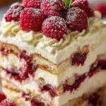 Delightful white chocolate raspberry tiramisu dessert beautifully presented