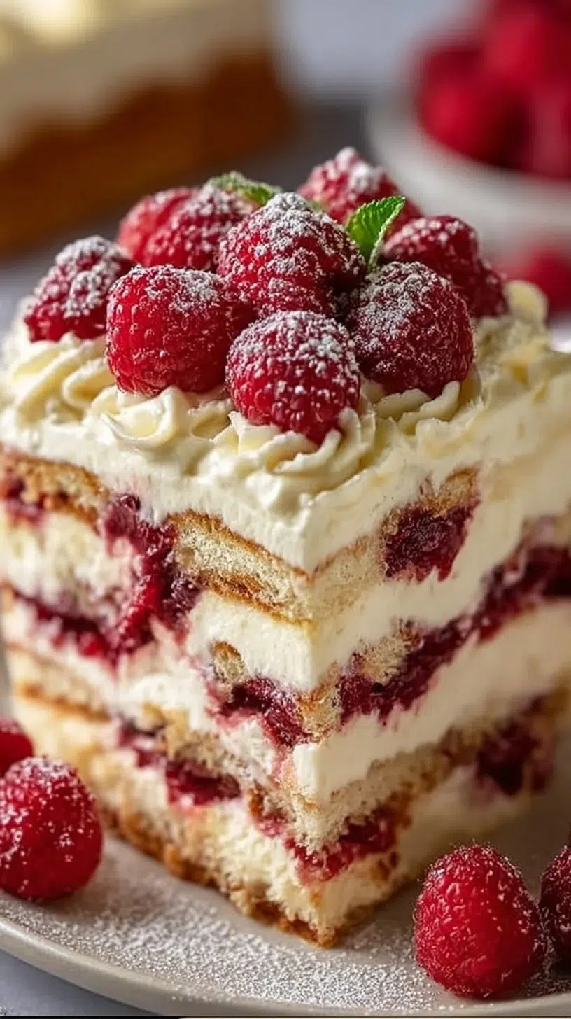 Delightful white chocolate raspberry tiramisu dessert beautifully presented
