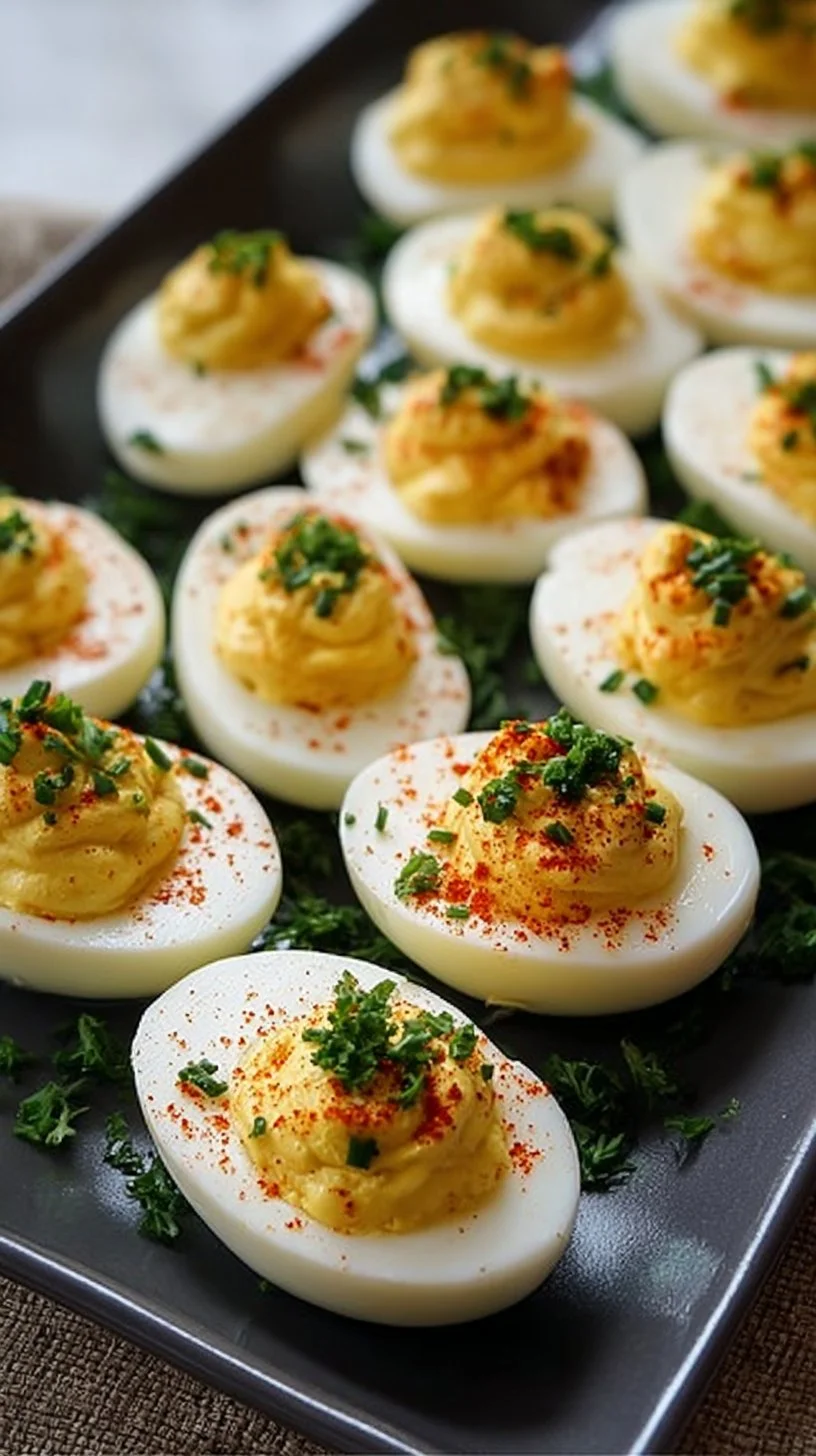 Plate of delicious deviled eggs garnished with paprika and herbs