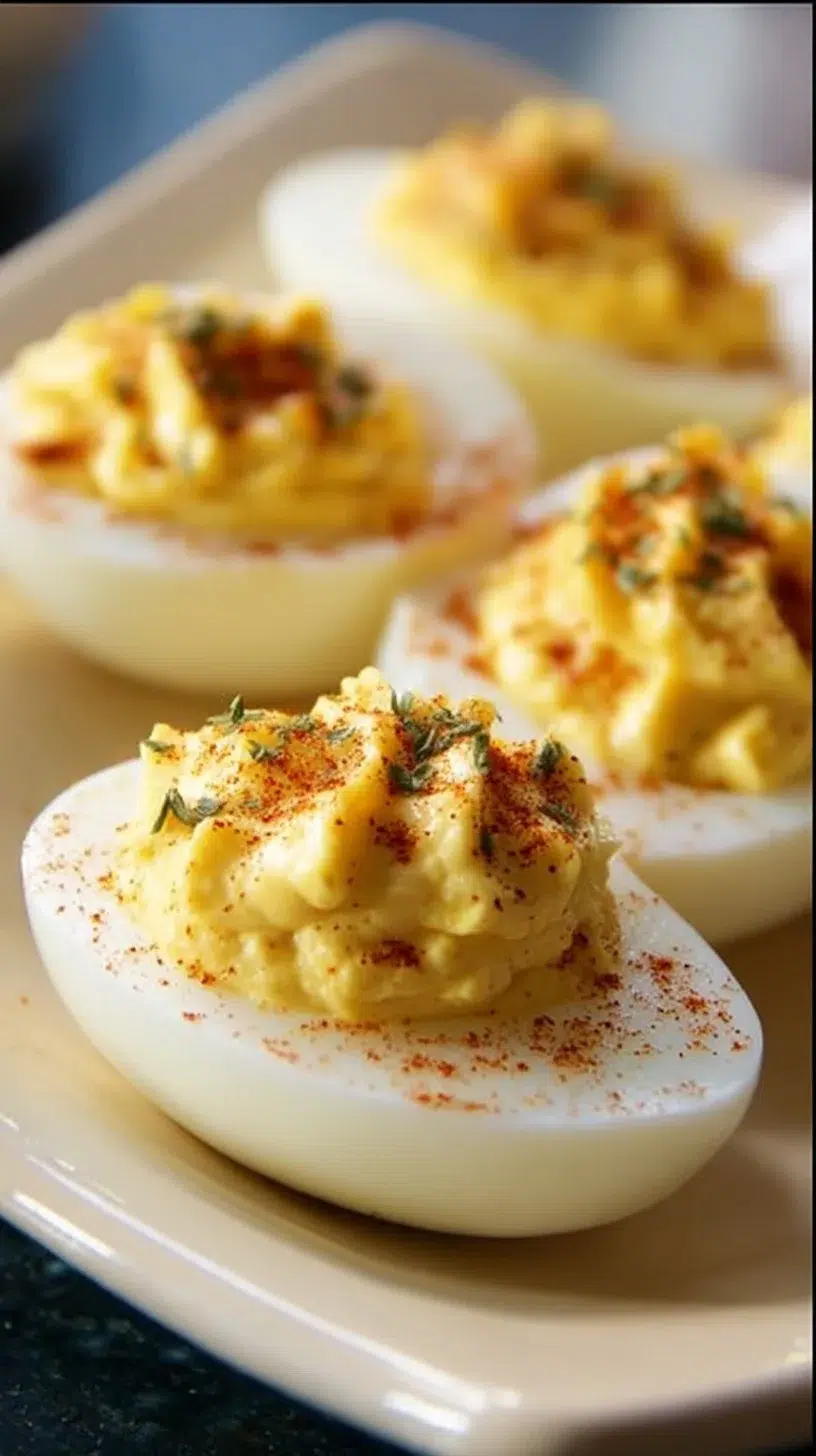 Deliciously prepared deviled eggs garnished for a perfect appetizer.