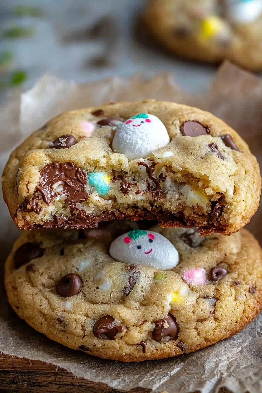 Easter cookies featuring chocolate chip peep stuffed delights on a festive plate.
