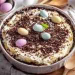 Easter Dirt Cake Casserole - Easy chocolate dessert recipe with fun candy decorations