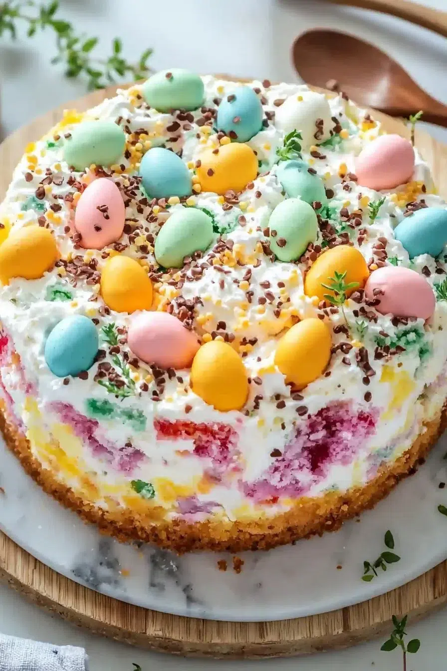 Colorful Easter Poke Cake topped with frosting and decorative candies.