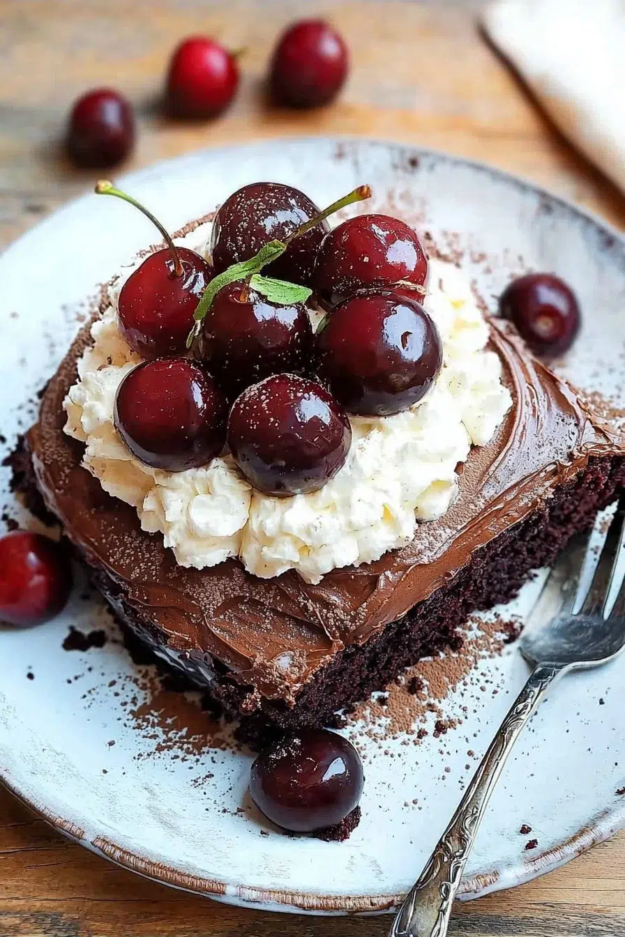 Sliced chocolate cherry cake on a plate with cherries and chocolate drizzle
