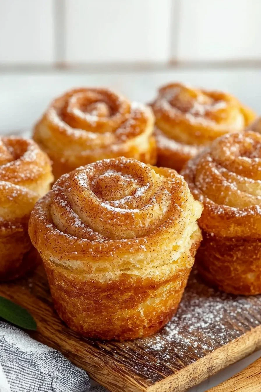 Easy cinnamon cruffins with flaky layers and glaze on a plate
