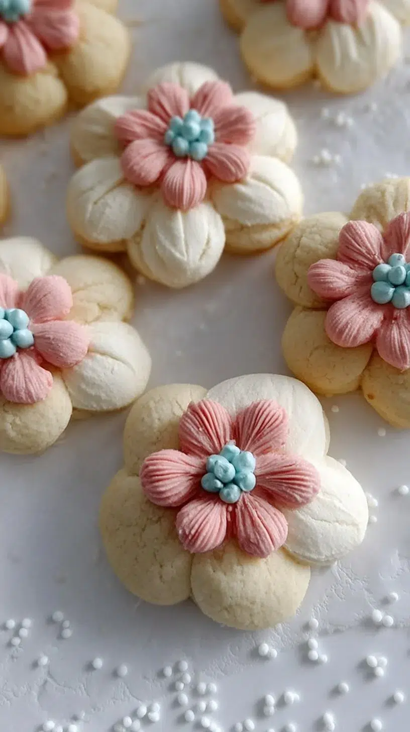 Decorated flower sugar cookies on a colorful plate for a festive occasion.
