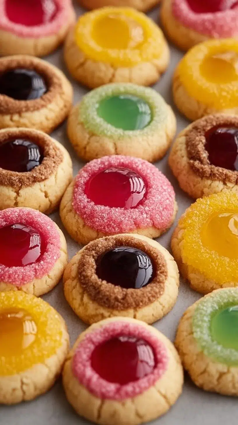 Fruity thumbprint cookies with vibrant jam filling on a plate.