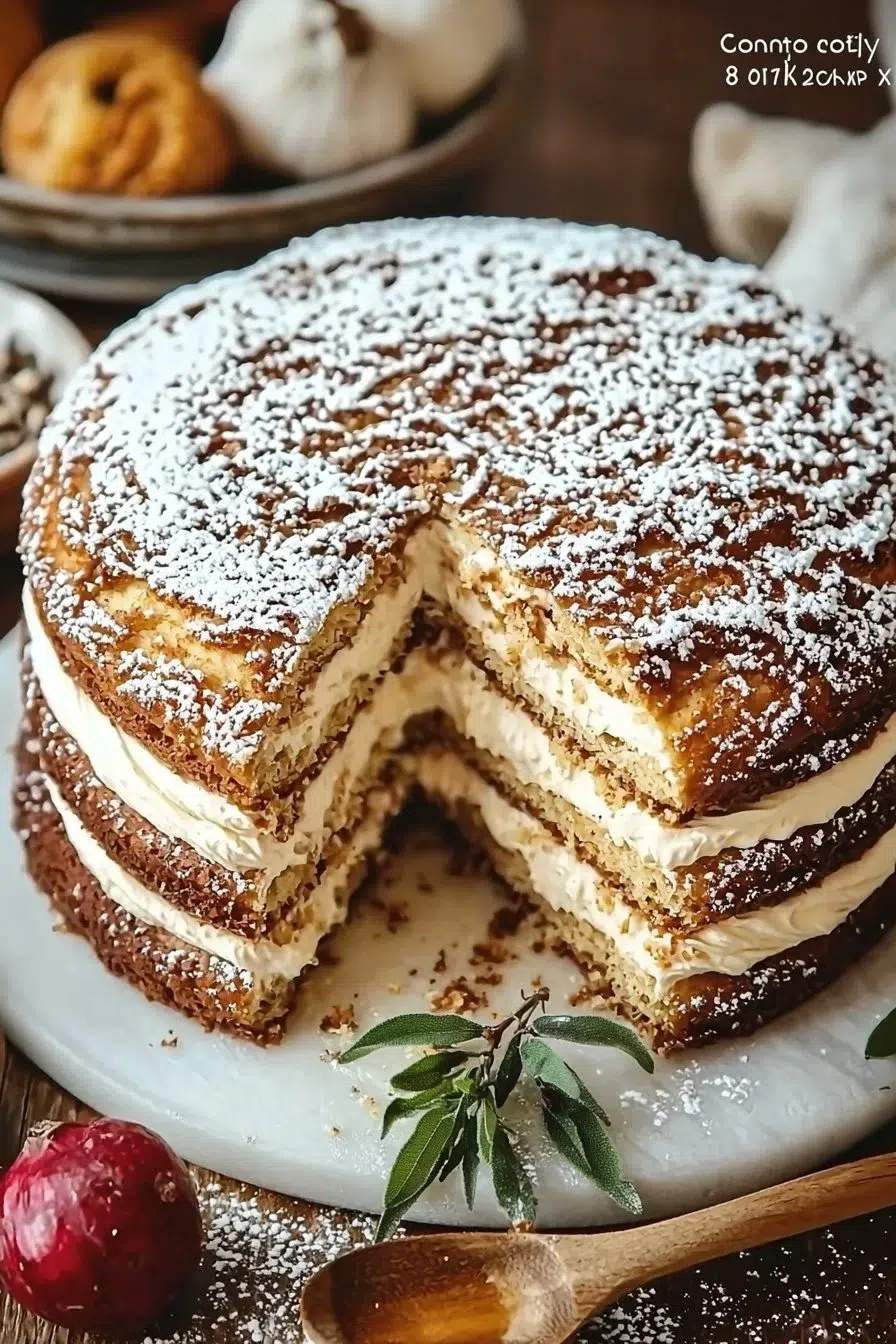 Delicious German Cake with layers of cream and fruit decoration.