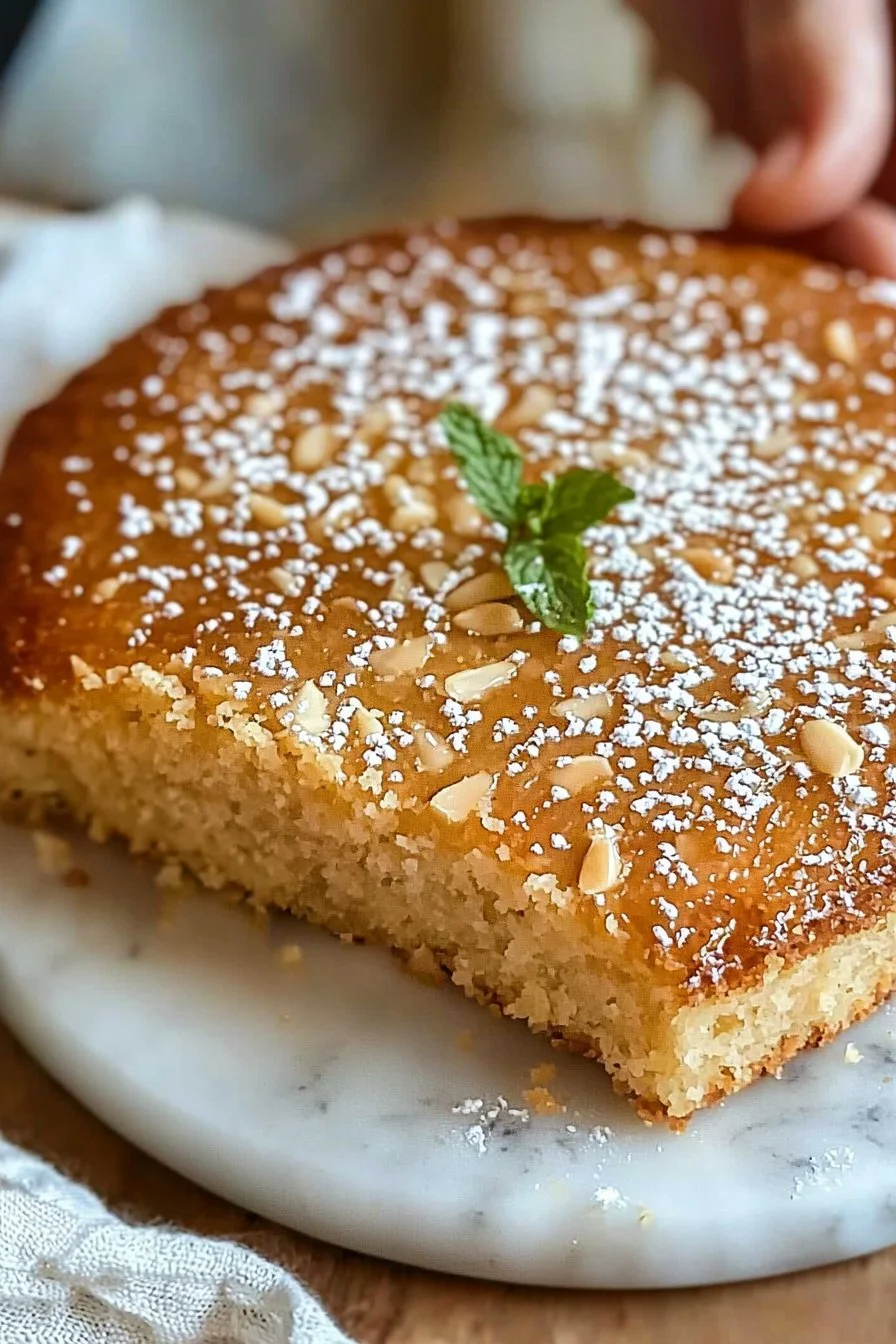 Slice of traditional Greek Almond Cake on a plate, moist and flavorful dessert.