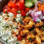 Delicious Greek Chicken Bowls with fresh vegetables and herbs on a plate