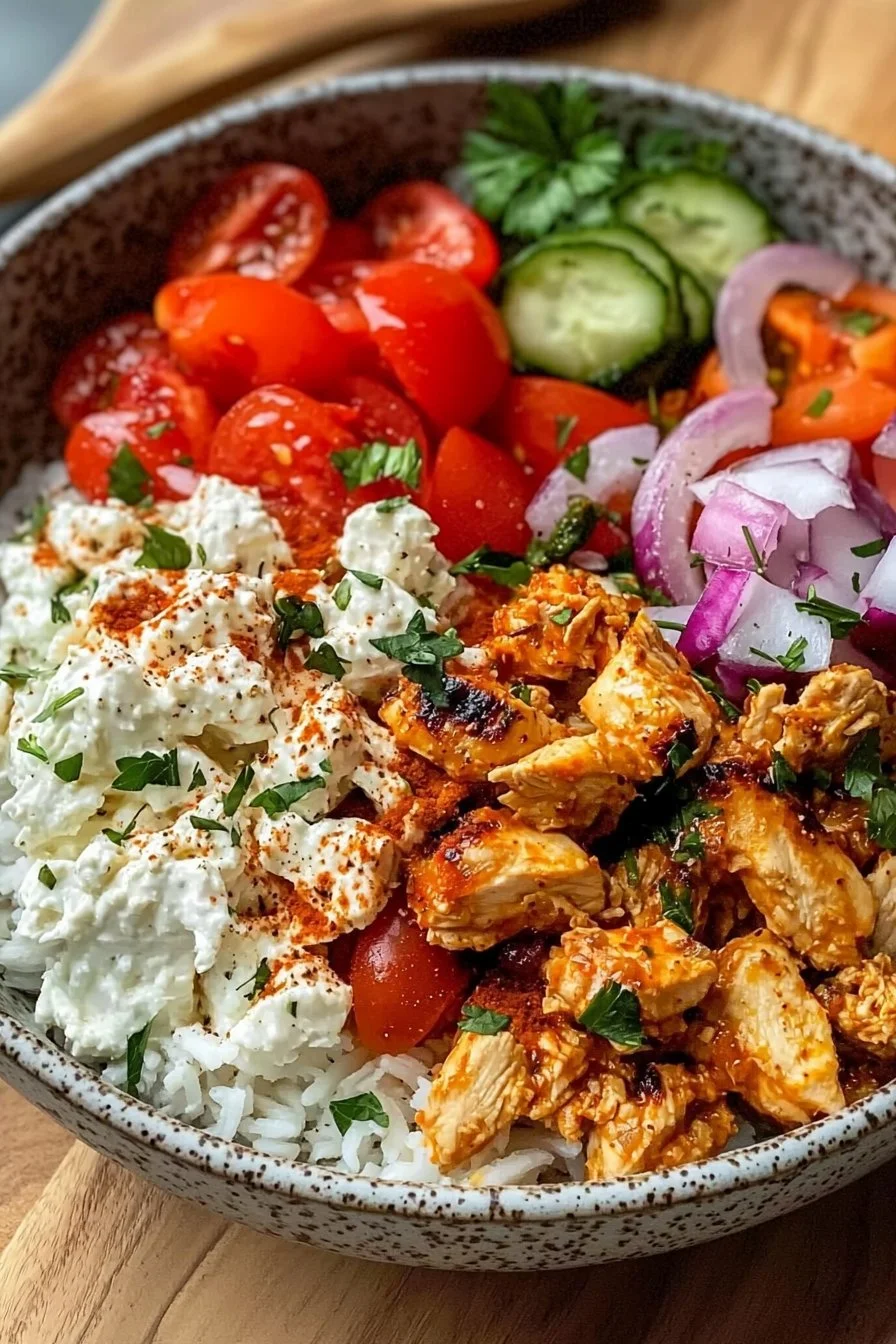 Delicious Greek Chicken Bowls with fresh vegetables and herbs on a plate