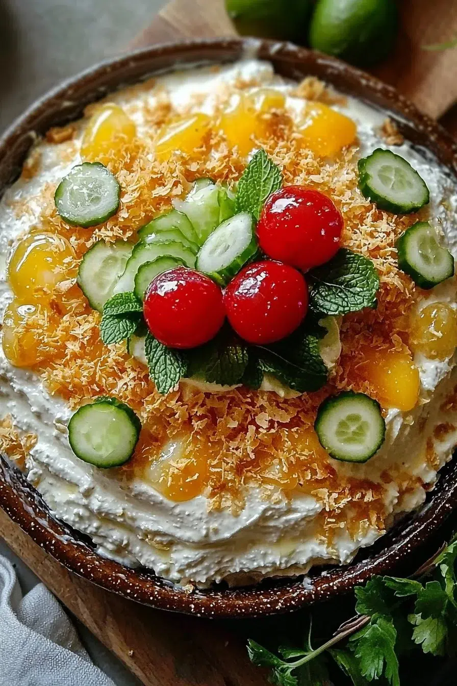 Delicious Hawaiian Cheesecake Salad with tropical fruits and creamy cheesecake topping