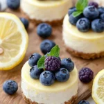 Healthy mini lemon blueberry cheesecakes ready to serve on a platter