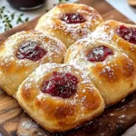 Homemade jam donut focaccia topped with powdered sugar.