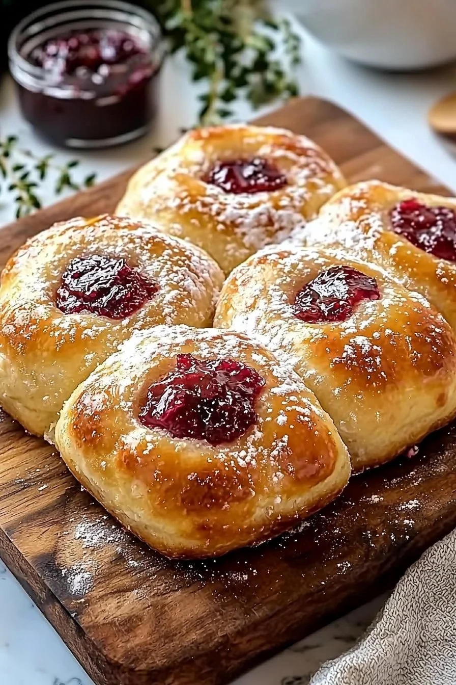 Homemade jam donut focaccia topped with powdered sugar.