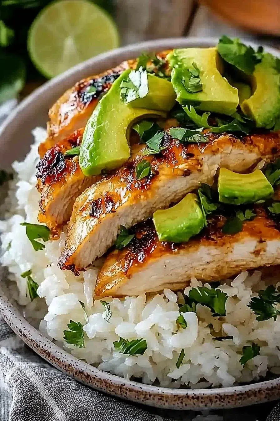 Honey Lime Chicken served with Avocado Rice on a dining table