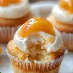 Honey Peach Cream Cheese Cupcakes topped with cream cheese frosting and peach slices