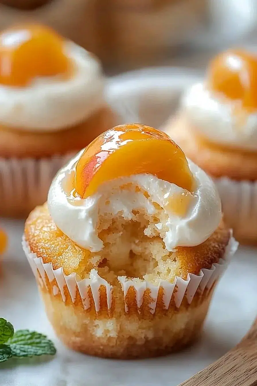 Honey Peach Cream Cheese Cupcakes topped with cream cheese frosting and peach slices
