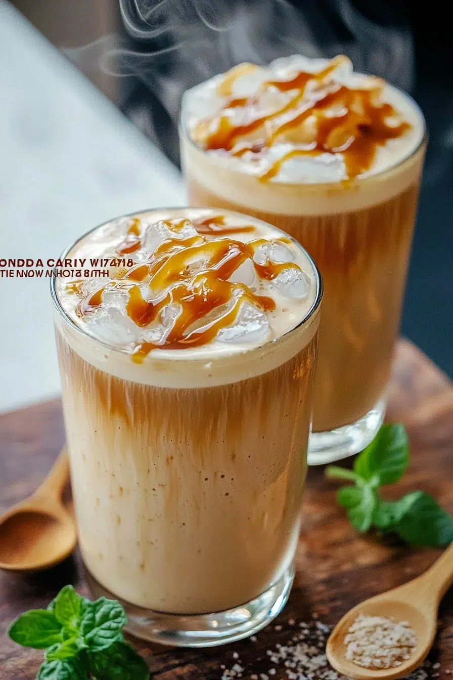 Refreshing iced caramel coffee in a glass, perfect morning treat recipe.
