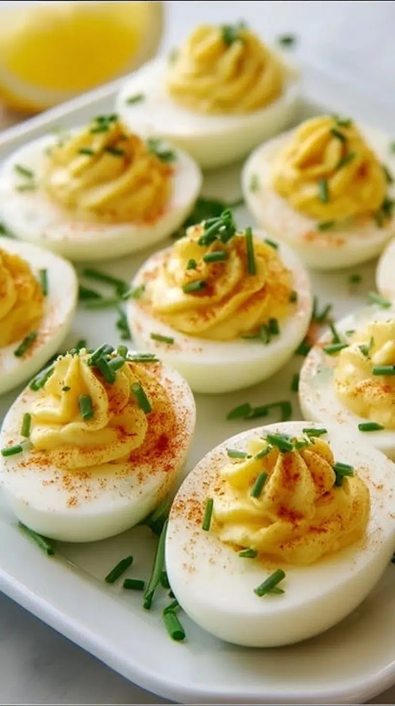 Ina Garten's deviled eggs served on a platter with garnishes
