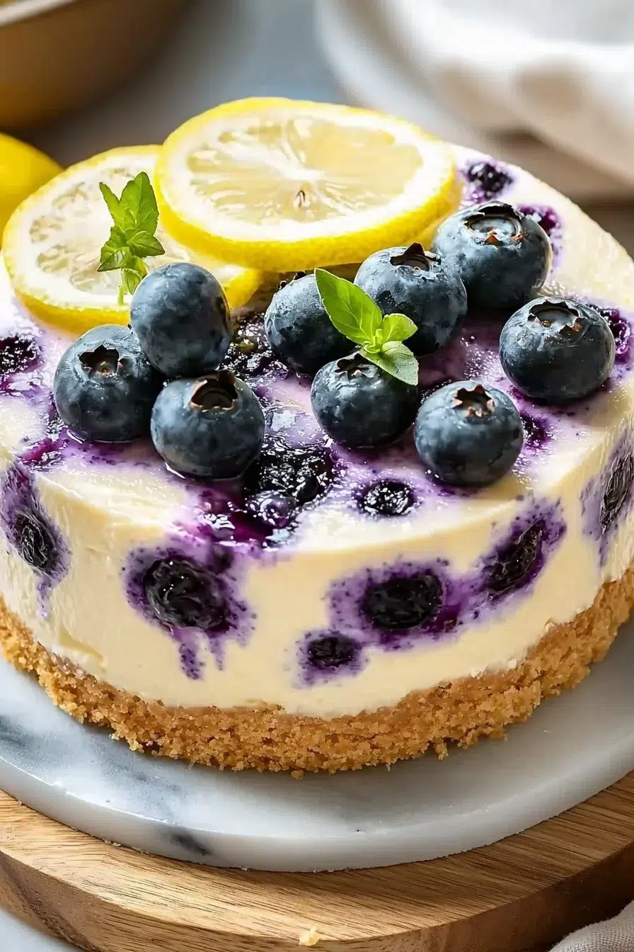 Sliced lemon blueberry cheesecake cake garnished with fresh blueberries and lemon zest