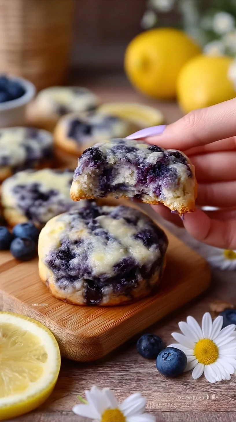 Lemon Blueberry Cheesecake Cookies on a plate with vibrant blueberries.