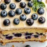 A mouthwatering Lemon Blueberry Layer Cake with layers of lemon and blueberry frosting.
