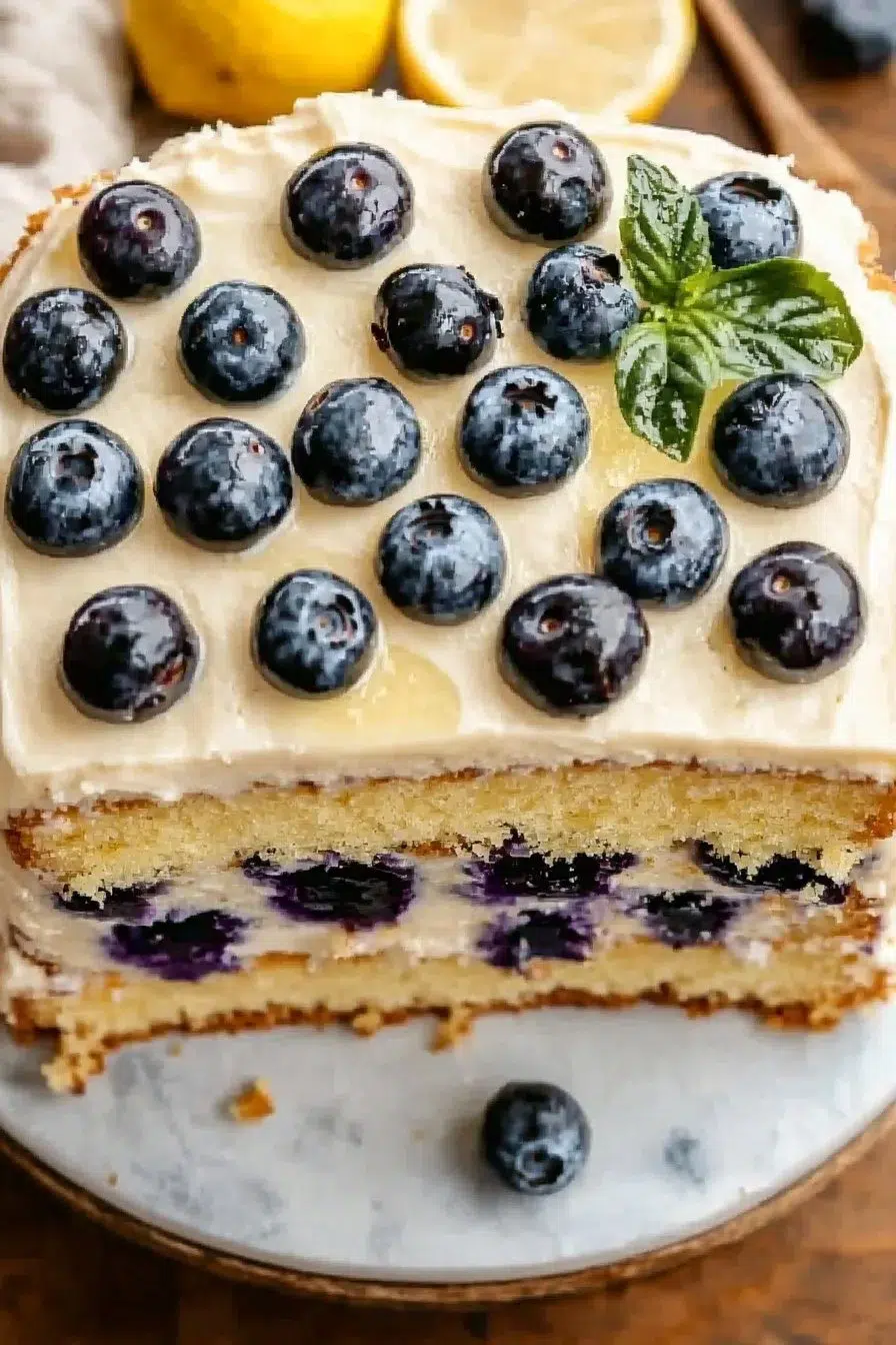 A mouthwatering Lemon Blueberry Layer Cake with layers of lemon and blueberry frosting.