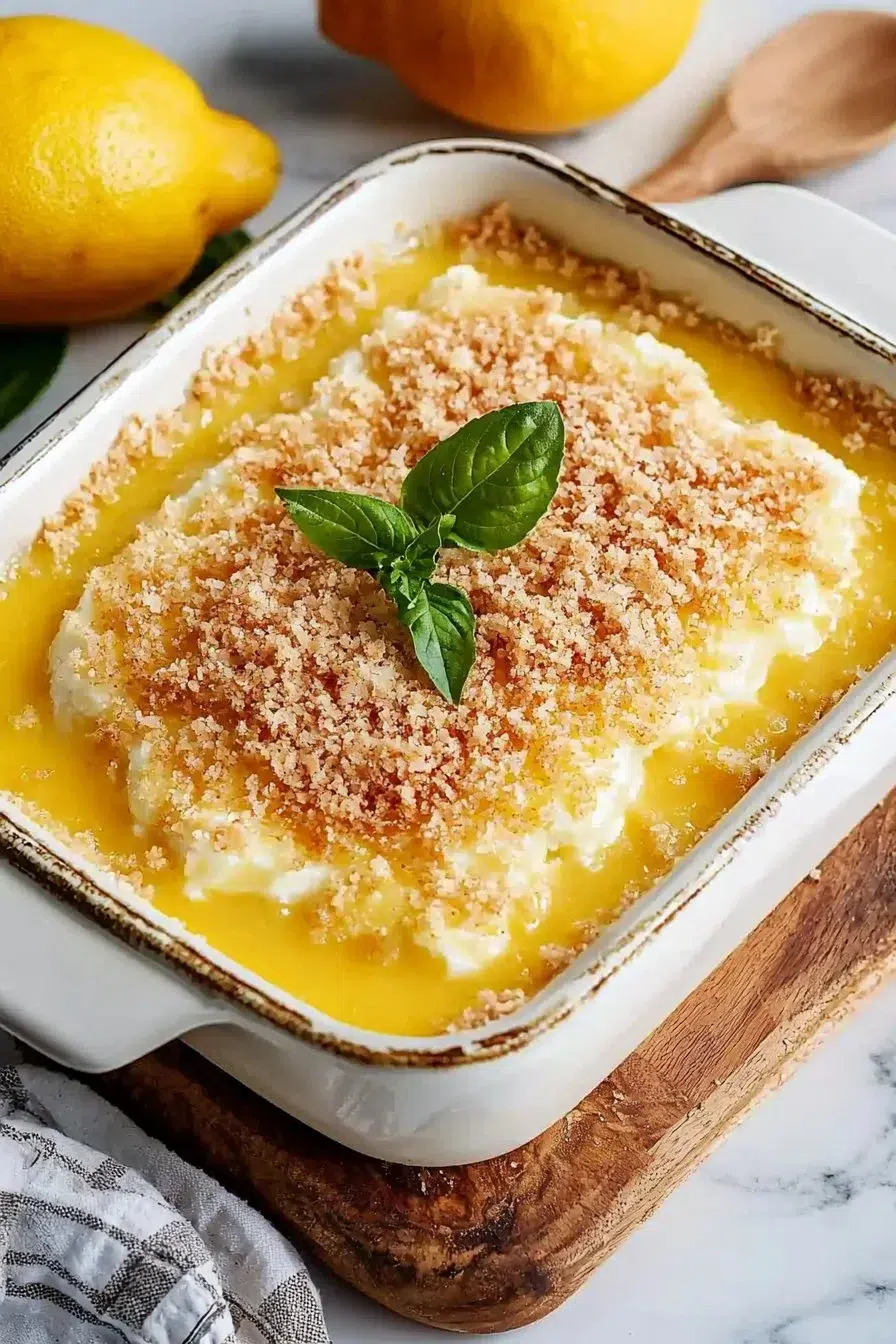 Delicious Lemon Cream Cheese Dump Cake served on a plate with fresh lemons