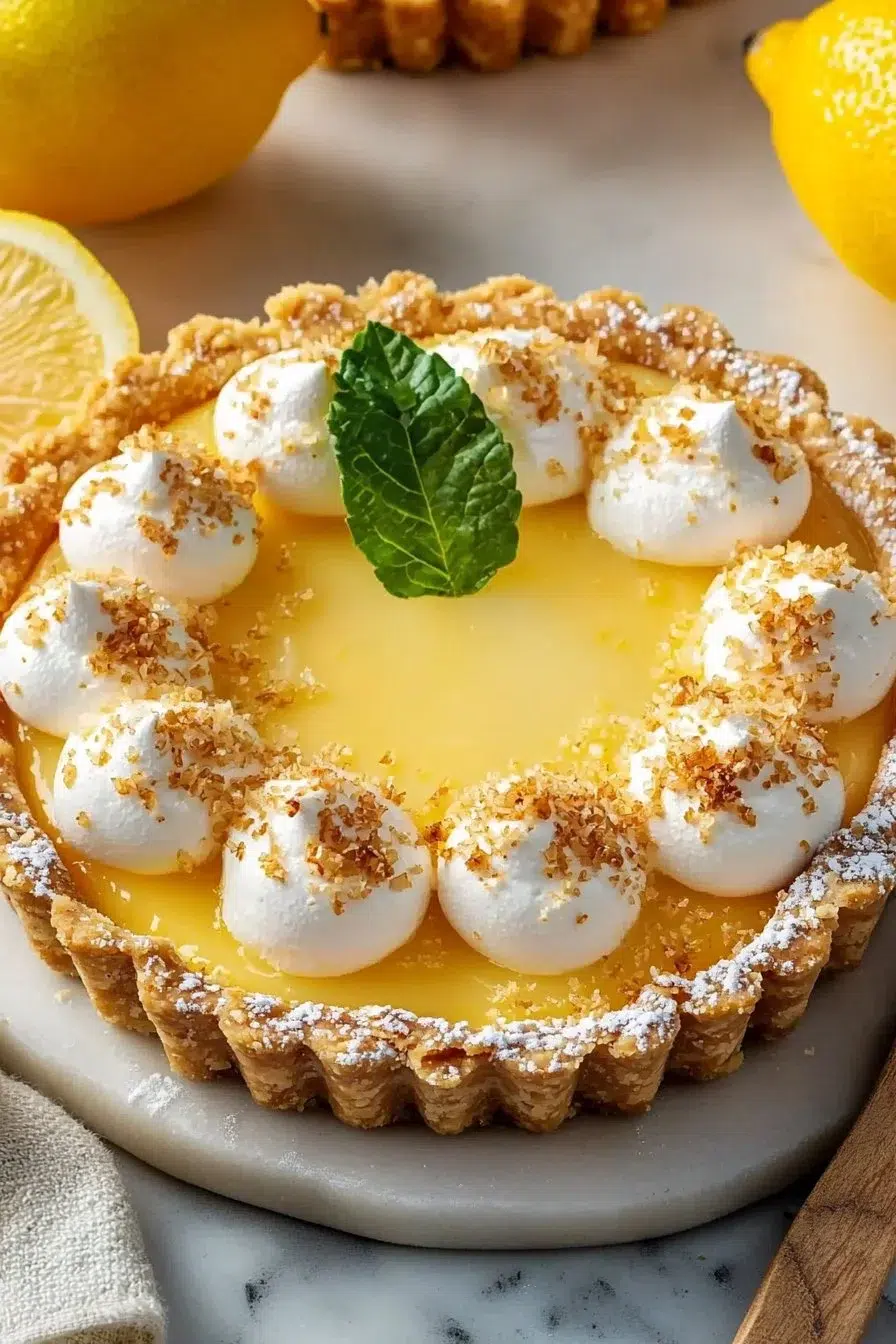 Delicious lemon cream tart with a smooth lemon filling and creamy topping