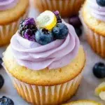 Lemon cupcakes topped with lemon-blueberry frosting on a white plate