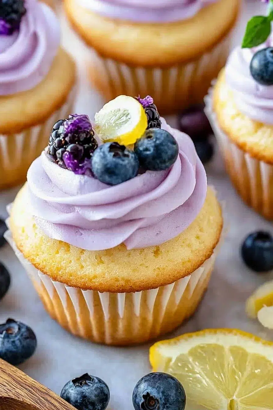 Lemon cupcakes topped with lemon-blueberry frosting on a white plate