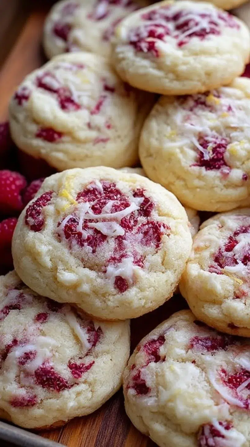 Lemon Raspberry Cookies stacked on a plate, showcasing their vibrant colors.