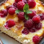 Lemon Raspberry Cottage Cheese Bake served in a dish with fresh berries on top