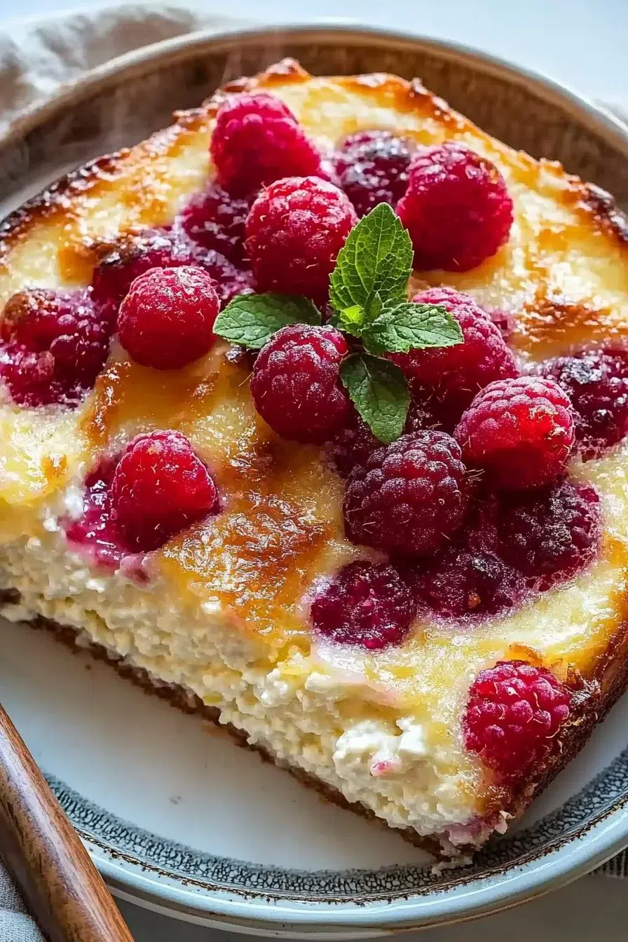 Lemon Raspberry Cottage Cheese Bake served in a dish with fresh berries on top