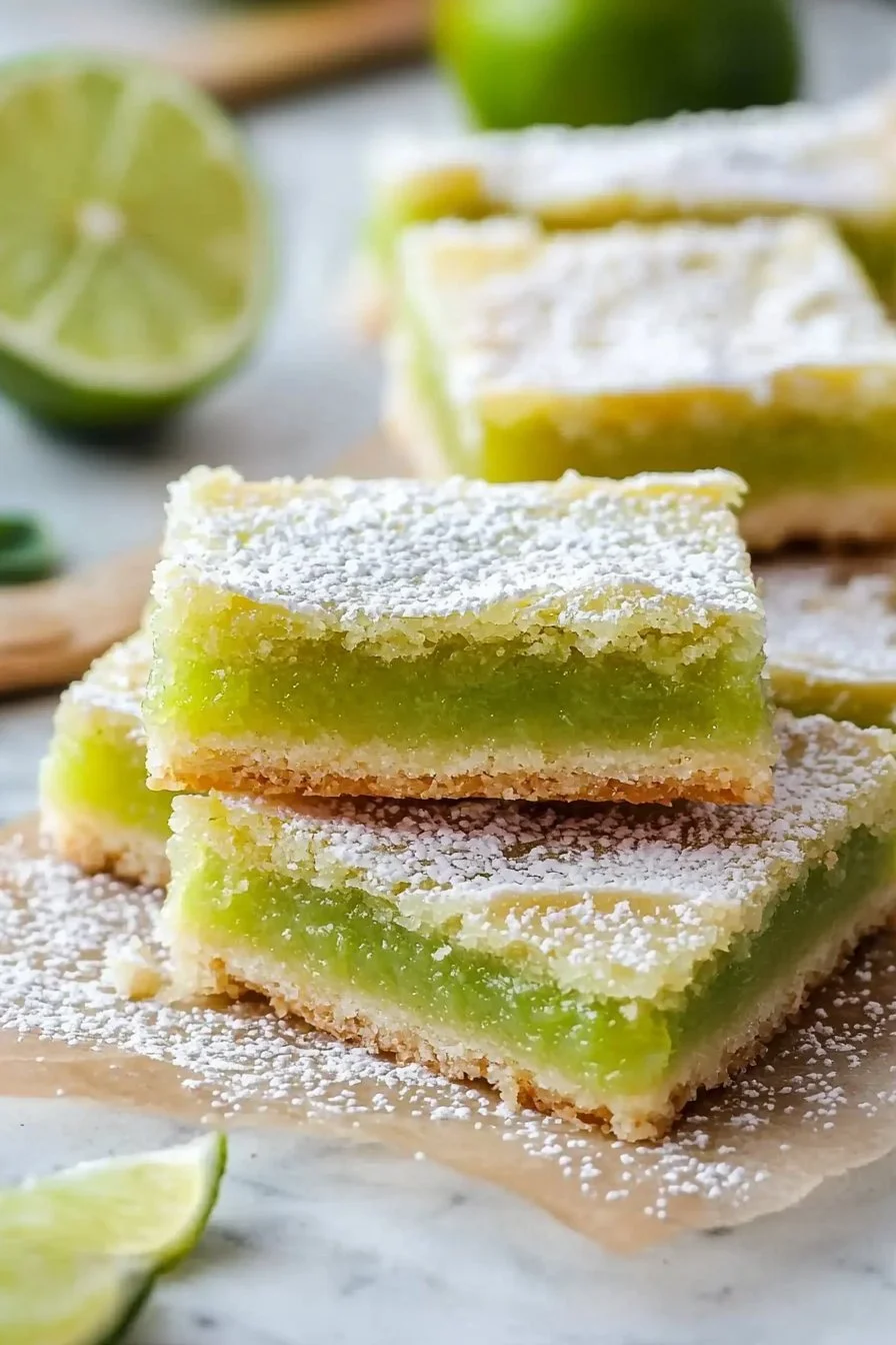 Delicious lime bars with a vibrant green topping and crumbly golden crust