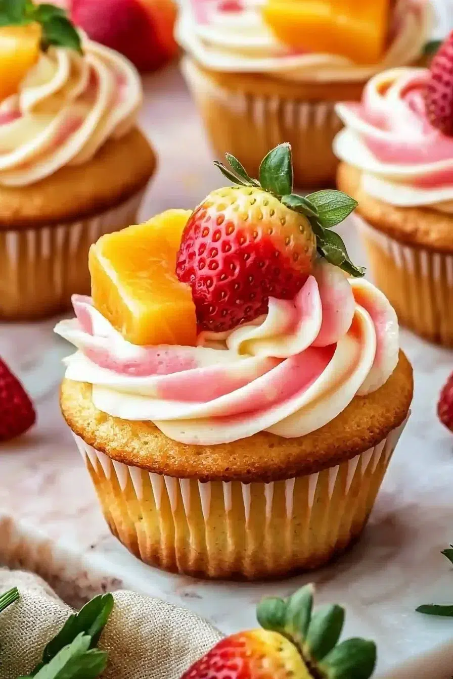 Delicious Mango Strawberry Cupcakes topped with vibrant frosting