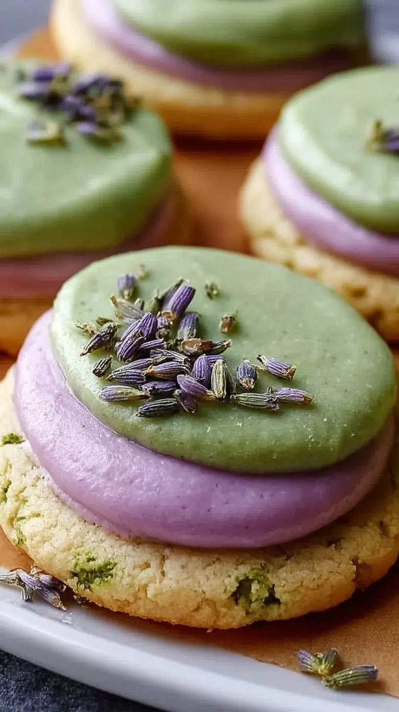Delicious matcha sugar cookies adorned with lavender frosting on a white plate