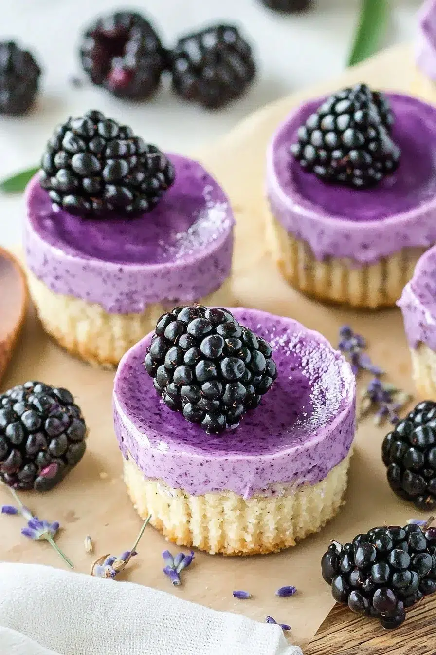 Mini blackberry lavender cheesecakes garnished with fresh berries and lavender