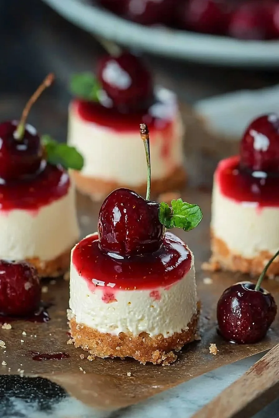Mini cherry cheesecakes topped with fresh cherries on a white plate