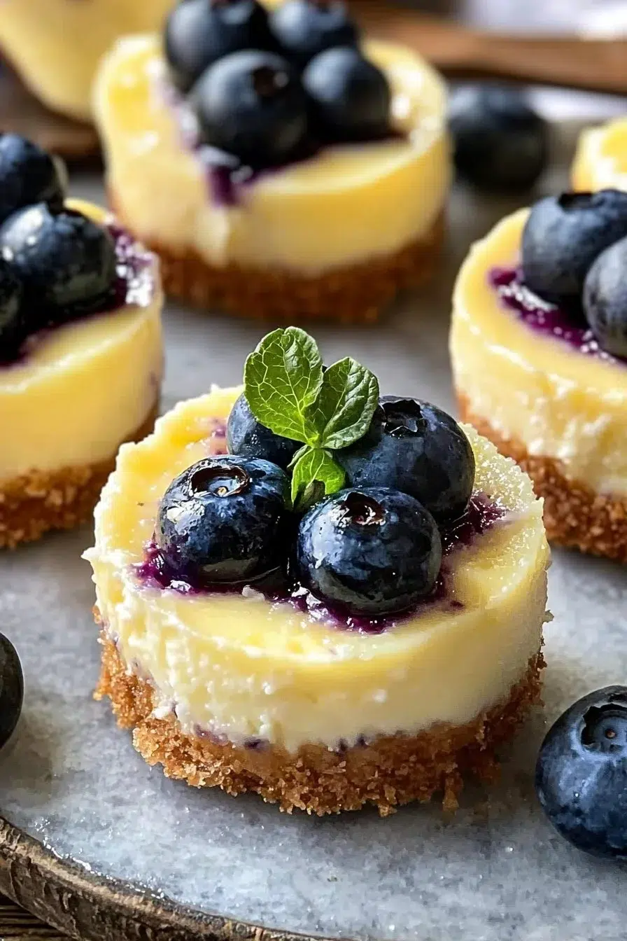 Delicious mini lemon blueberry cheesecakes topped with fresh blueberries.