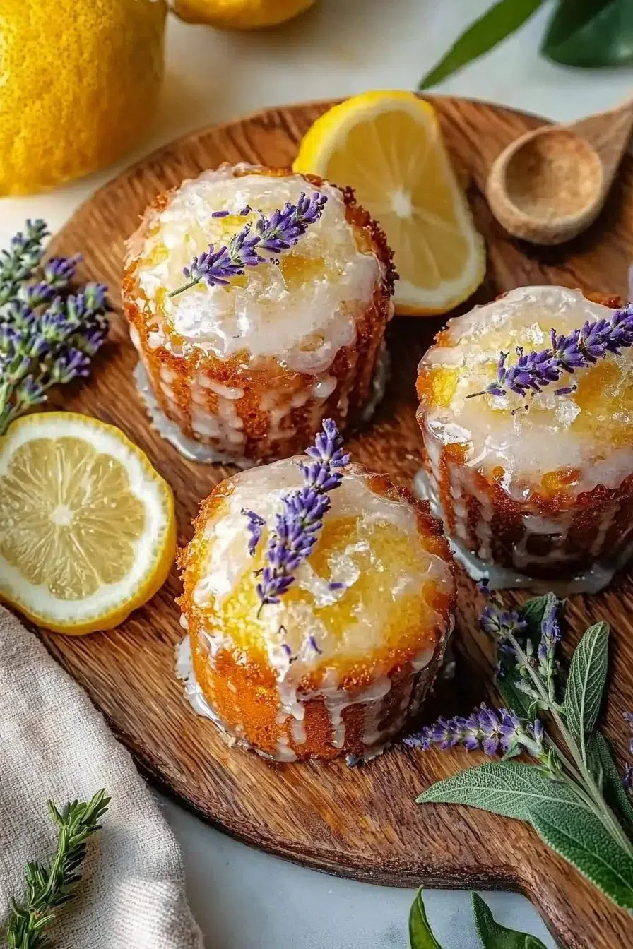 Mini lemon cakes with lavender glaze on a white plate
