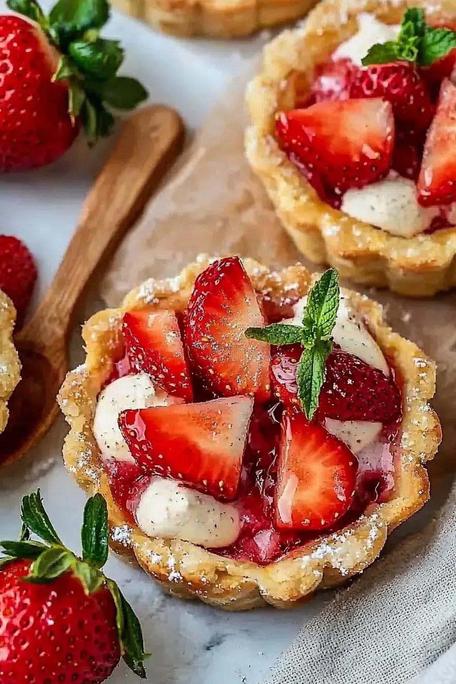 Delicious mini strawberry tartlets with fresh strawberries on top