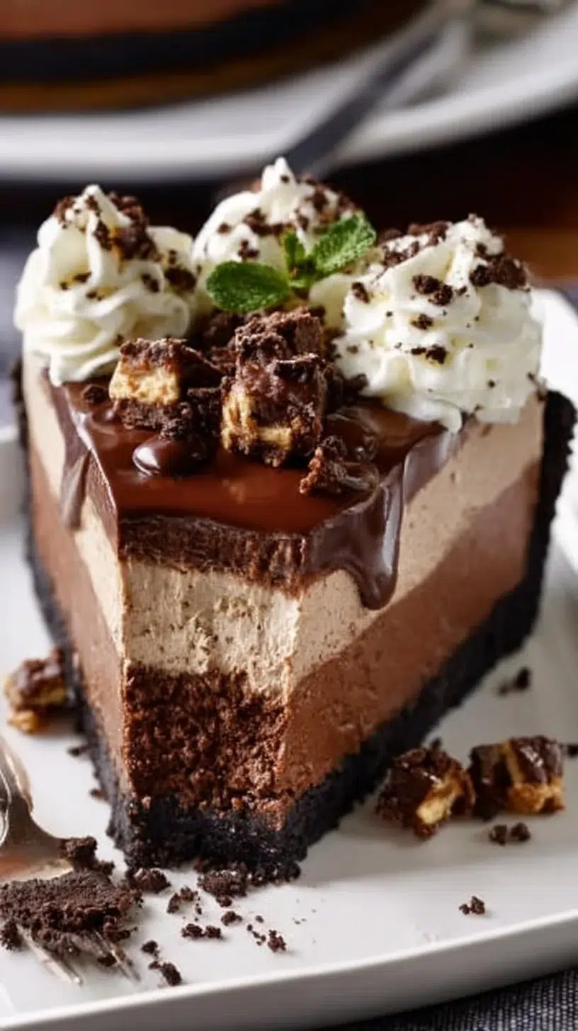 Delicious Mississippi Mud Pie topped with chocolate and marshmallows on a graham cracker crust