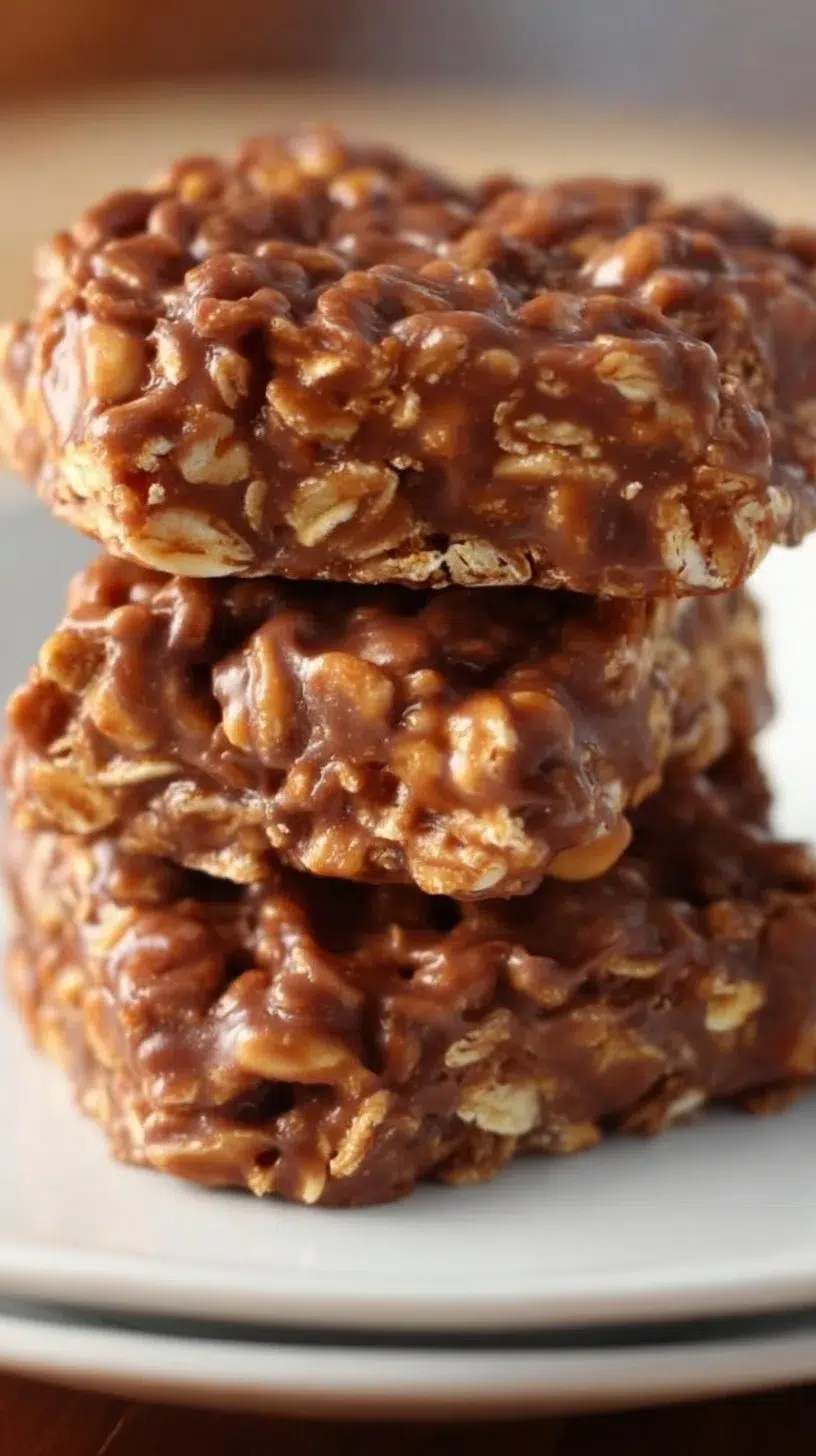 No-bake chocolate peanut butter oatmeal bars cut into squares on a wooden board.