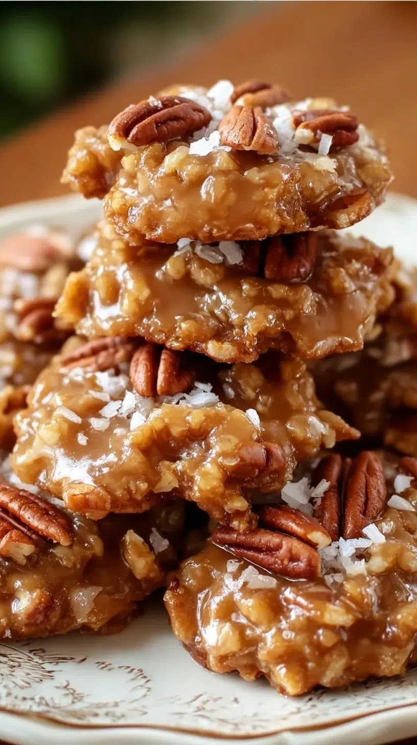 No-bake coconut pecan praline cookies on a plate, showcasing deliciousness and texture.