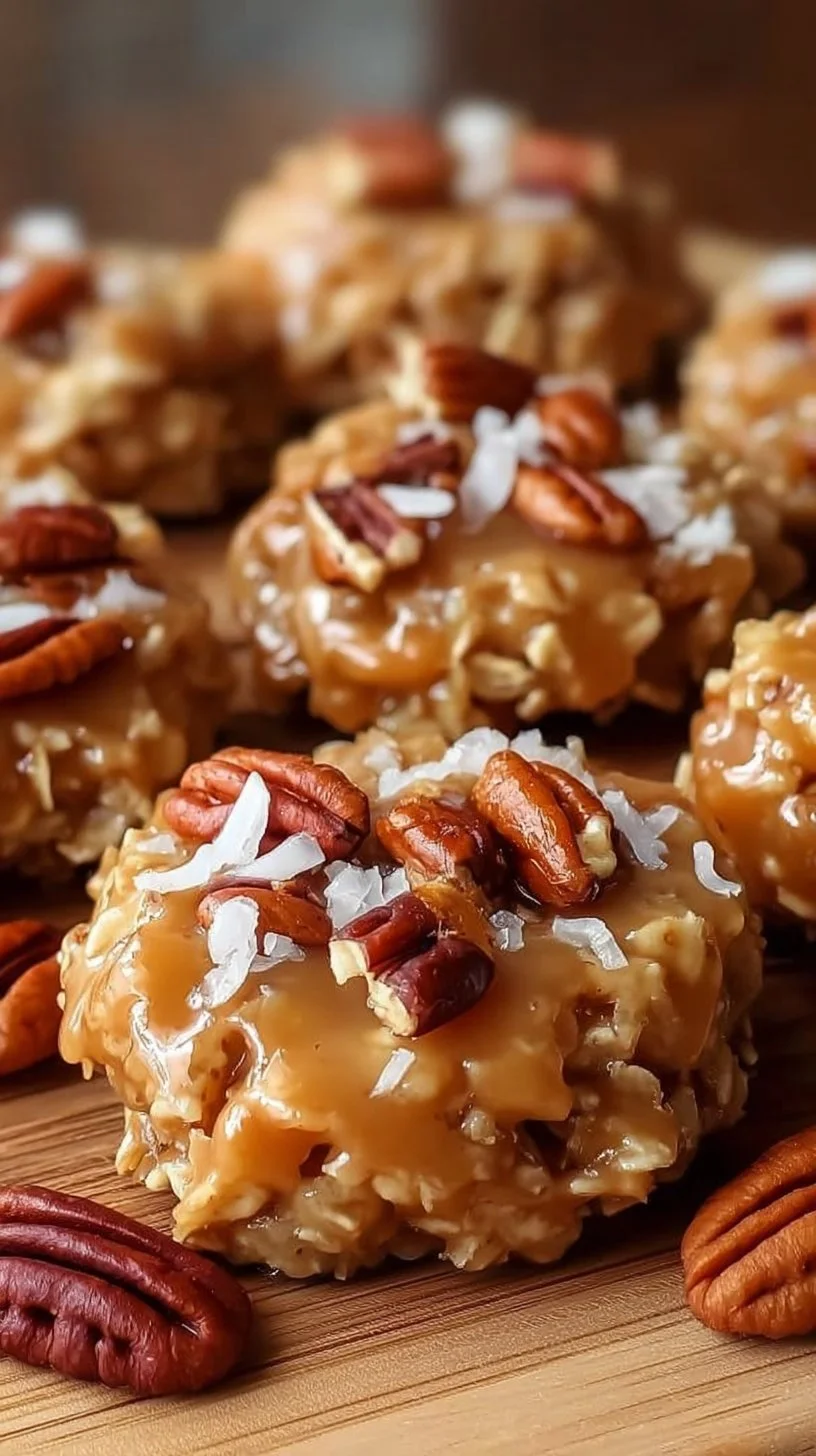 No-bake coconut pecan praline cookies on a plate, ready to enjoy.