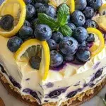 No-bake lemon blueberry cream cake with fresh blueberries and lemon zest