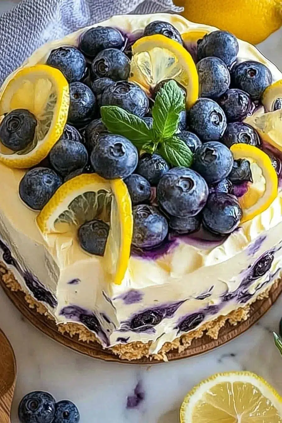 No-bake lemon blueberry cream cake with fresh blueberries and lemon zest